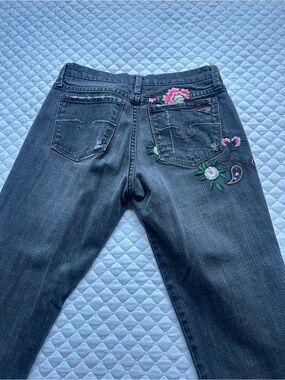 Dark Gray Boot-Cut Jeans with Pink & Green Floral Embroidery